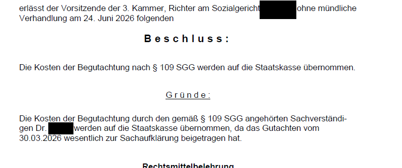 SG Regensburg, 24.6.26, Az. S 3 R 385/25: Staatskasse trägt Kosten nach § 109 SGG