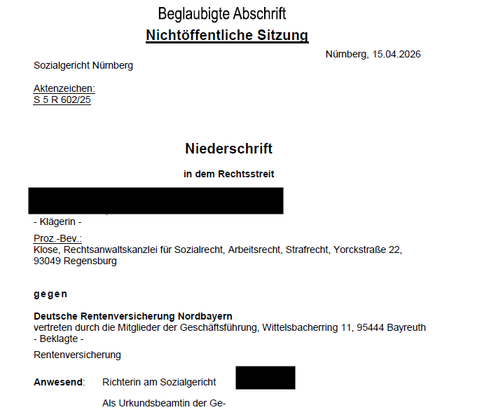 Volle EM-Rente vor dem SG Nürnberg für die Mandantin erreicht