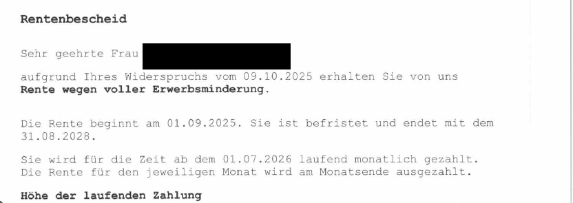 Volle Erwerbsminderungsrente für Mandantin ach Widerspruch: PTBS, Traumafolgestörung und schwere Depression anerkannt