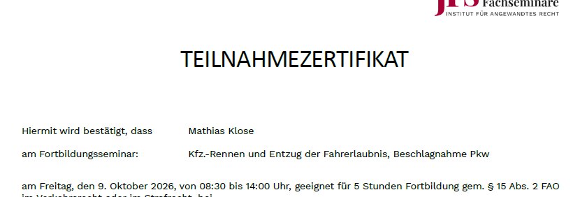 Teilnehmerzertifikat für RA Klose - Fortbildung im Strafrecht