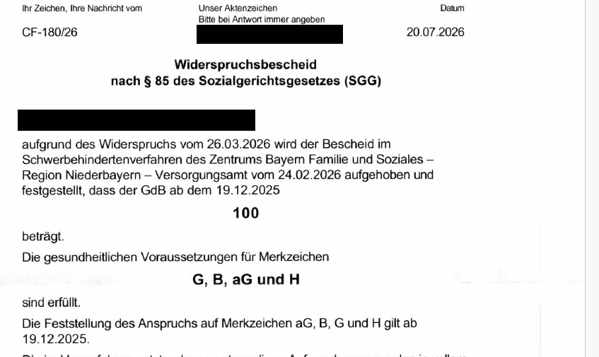 Widerspruchsbescheid des ZBFS vom 20.7.26: GdB 100 - aG - B - H bei ME/CFS