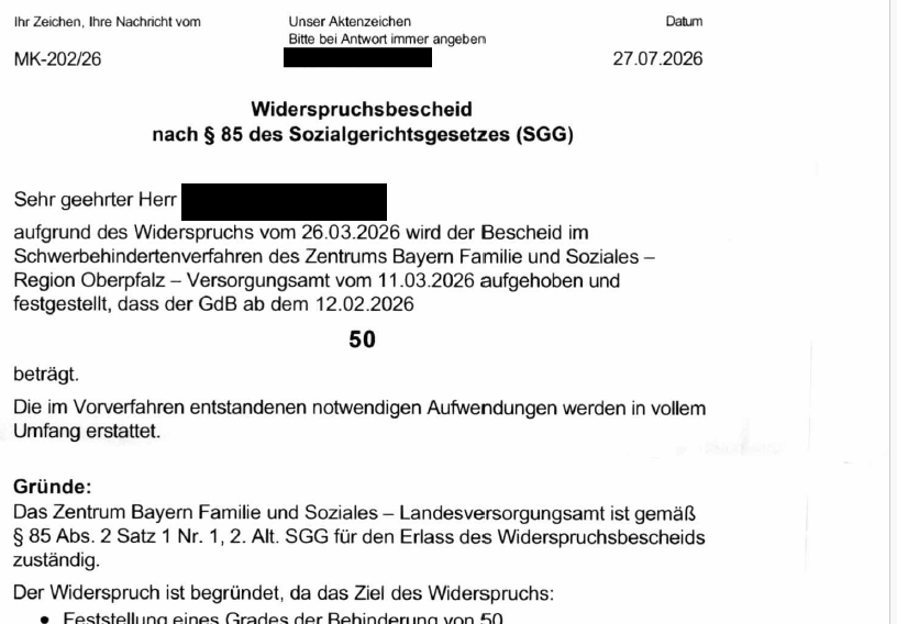 Widerspruchsbescheid vom 27.7.26: GdB 50 bei Depressionen und ADHS
