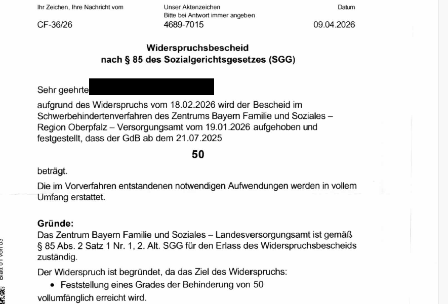 Widerspruchsbescheid des ZBFS: GdB 50