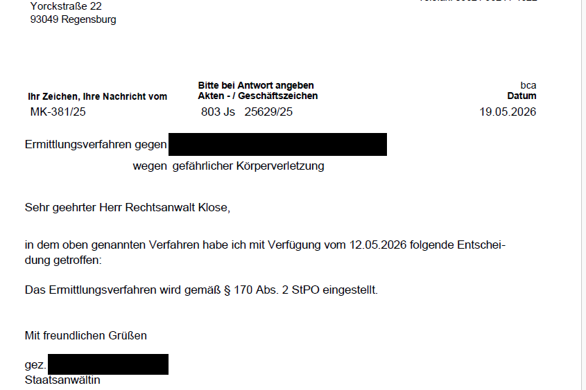 StA Regensburg (803 Js 25629/25): Ermittlungsverfahren wegen gef. Körperverletzung eingestellt