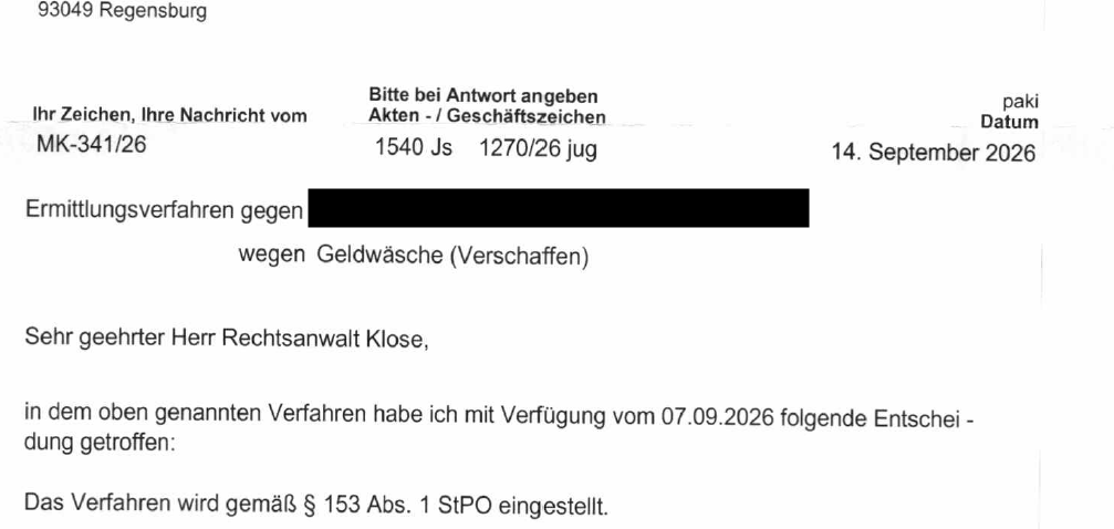 StA Nürnberg stellt Verfahren wegen Verdachts der Geldwäsche gegen Mandant von RA Klose ein