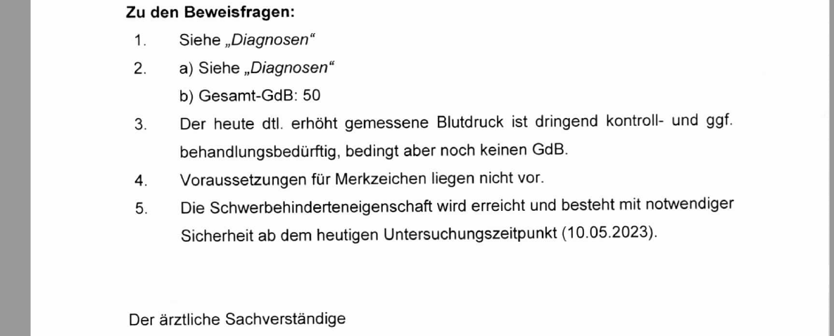 Auszug aus einem medizinischen Sachverständigengutachten zur Höhe des GdB 50