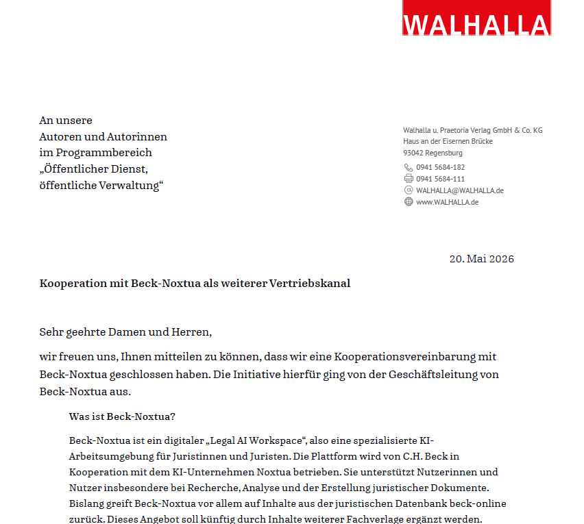 Der Walhalla Verlag und Beck-Noxtua, eine legal AI, kooperieren künftig