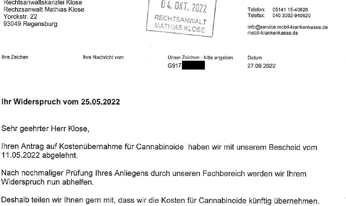 Mobil KK übernimmt Kosten der Behandlung mit medizinischem Cannabis