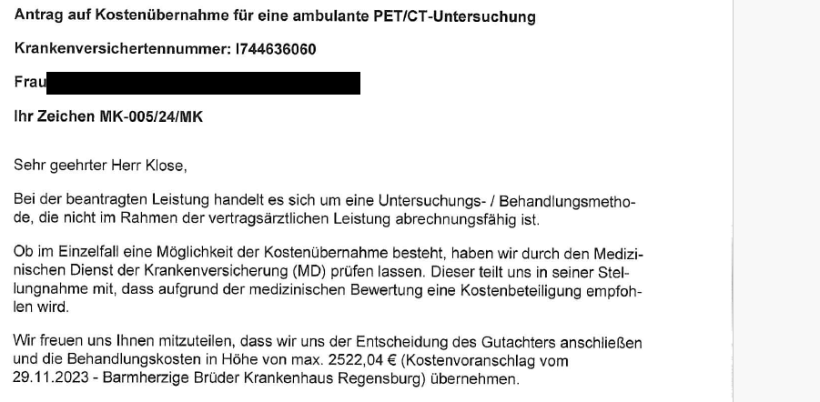 DAK übernimmt Kosten einer ambulanten PET/CT-Untersuchung nach Widerspruch