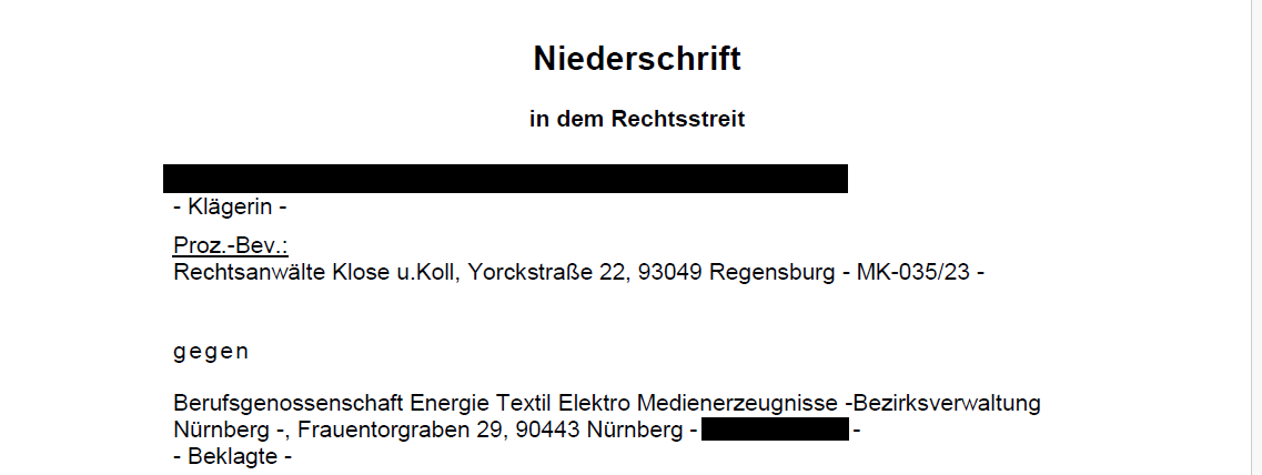 Sitzungsprotokoll aus einem Prozess gegen die BG ETEM vor dem SG Regensburg um eine Verletztenrente