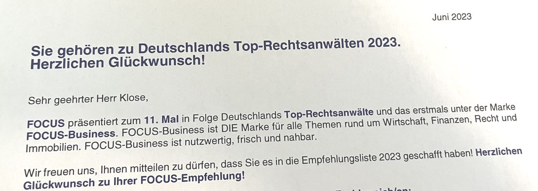 Rechtsanwalt Mathias Klose gehört 2023 zu den Focus-Business Top Rechtsanwälten im Fachbereich Sozialrecht