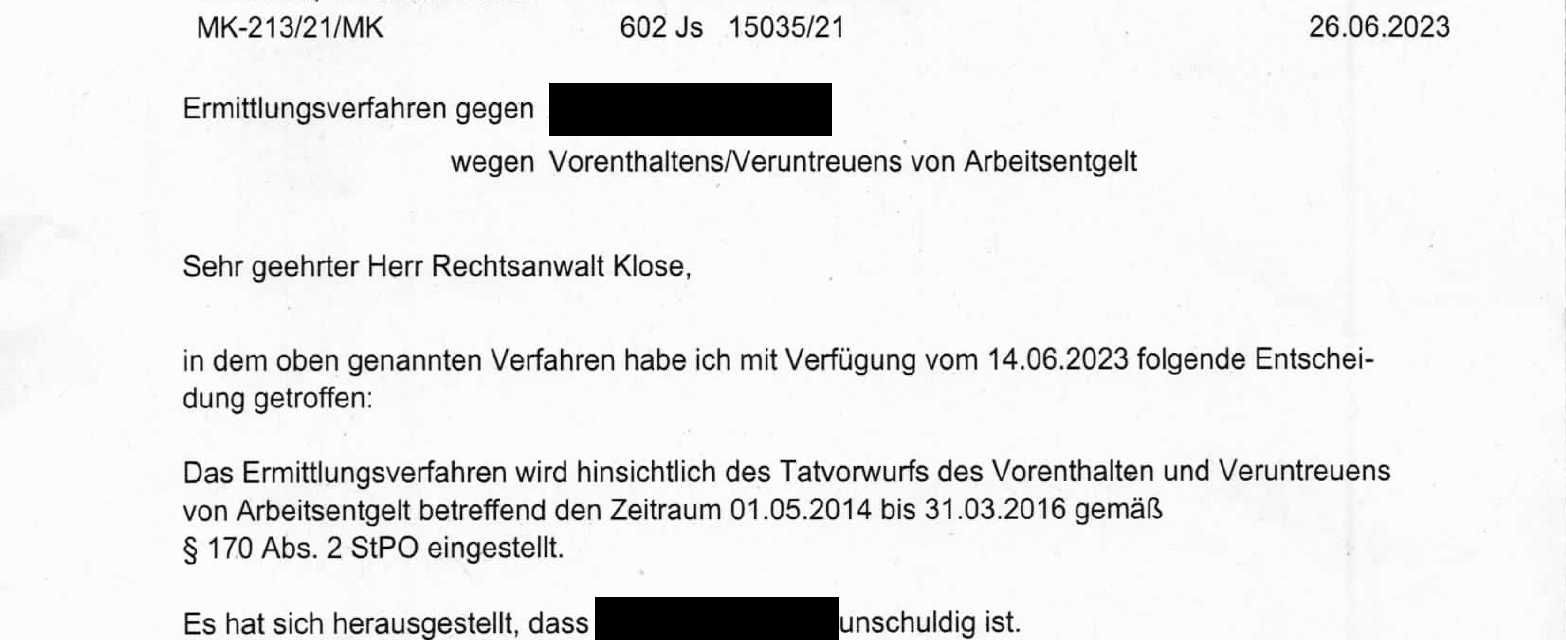 266a StGB - Es hat sich herausgestellt, dass M. unschuldig ist