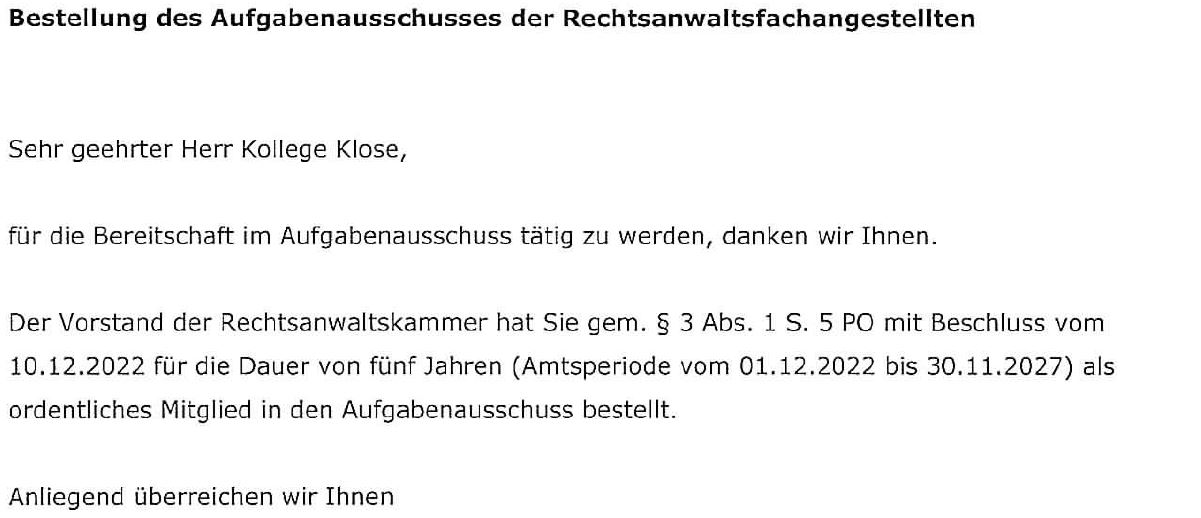 Mathias Klose ist zum Mitglied des Aufgabenausschusses der RAK Nürnberg bestellt worden