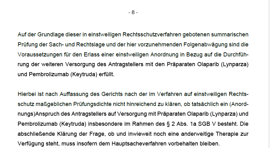 Sozialgericht Köln:AOK Rheinland/Hamburg muss die Behandlung mit Olaparib (Lynparza) und Pembrolizumab (Keytruda) übernehmen