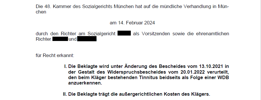 Urteil des SG München vom 14.2.24 - Aktenzeichen S 48 VS 9/22: Tinnitus als WDB-Folge